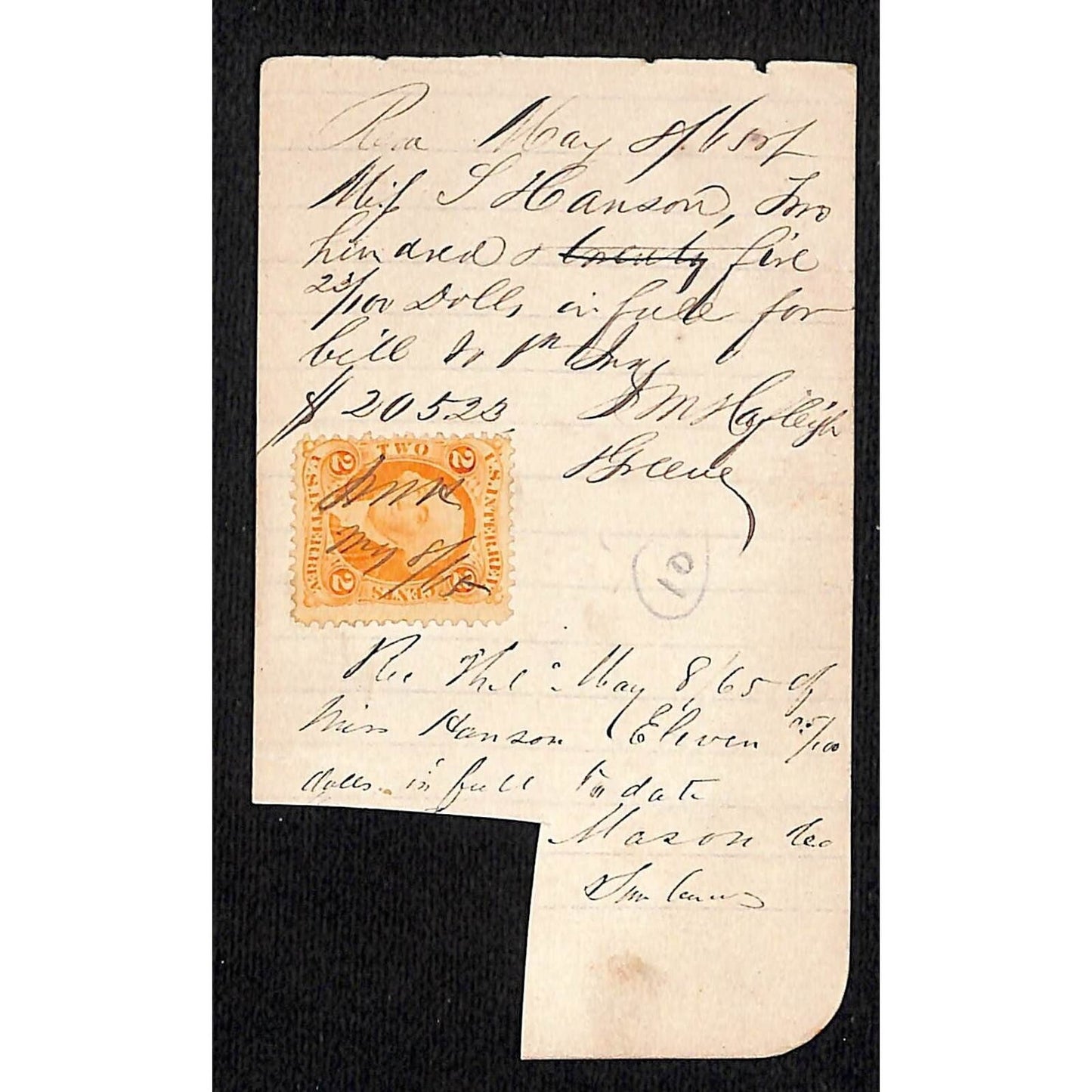 2 1865 Philadelphia Receipts w/ Tax Stamps Miss Hanson / Emily Howell ?