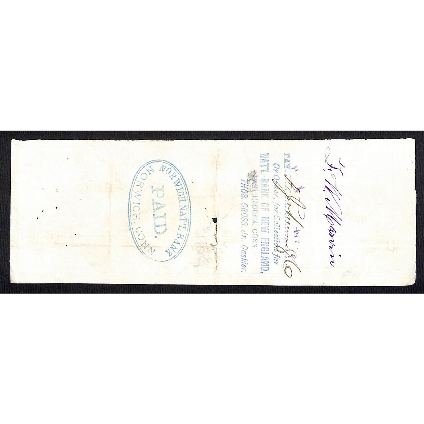 James A. Bill* 1875 Thames National Bank Lyme CT on Rev Stamp Check Stock (#10)