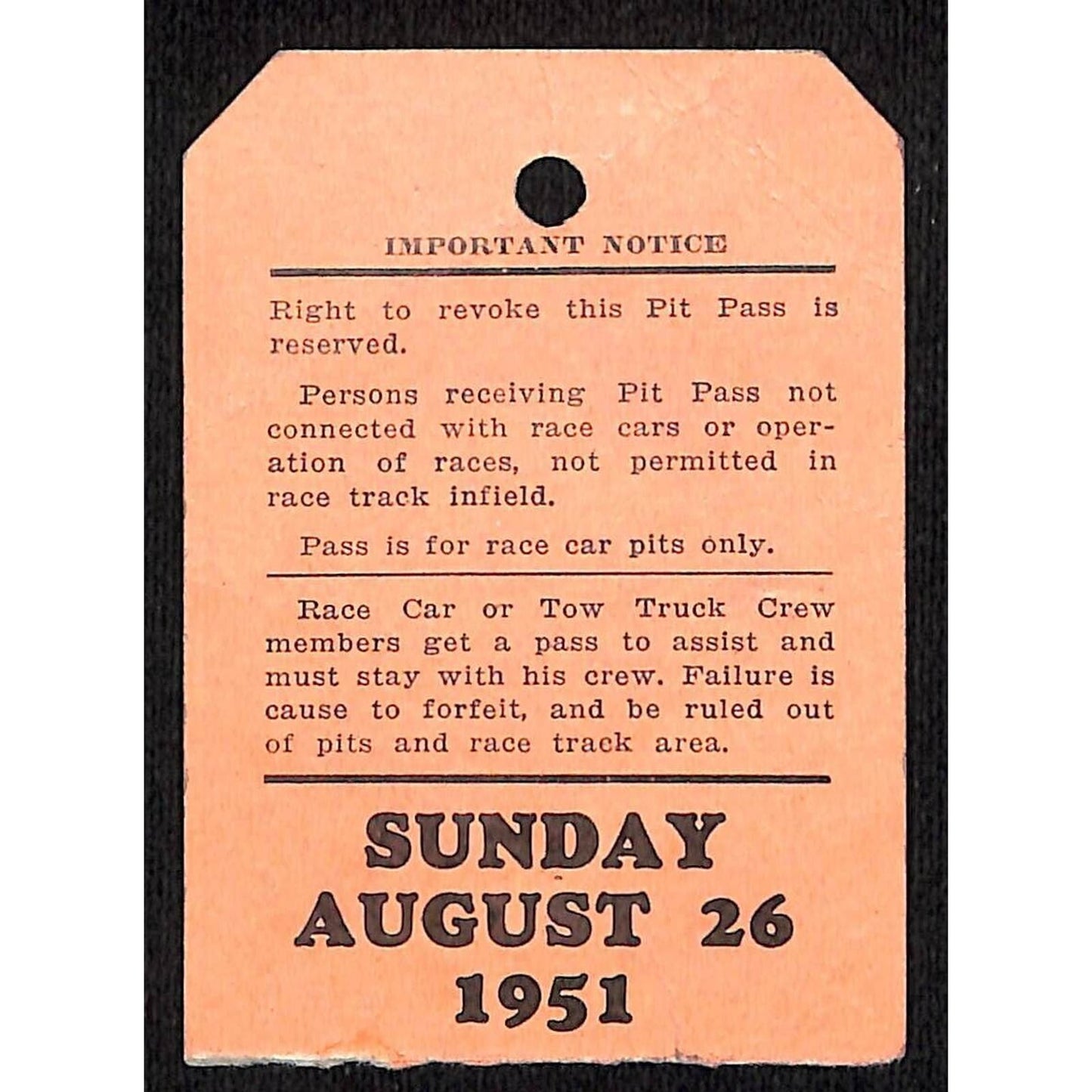1951 Milwaukee AAA 200 Mile Big Car Nat'l Championship Pit Ticket Stub Scarce