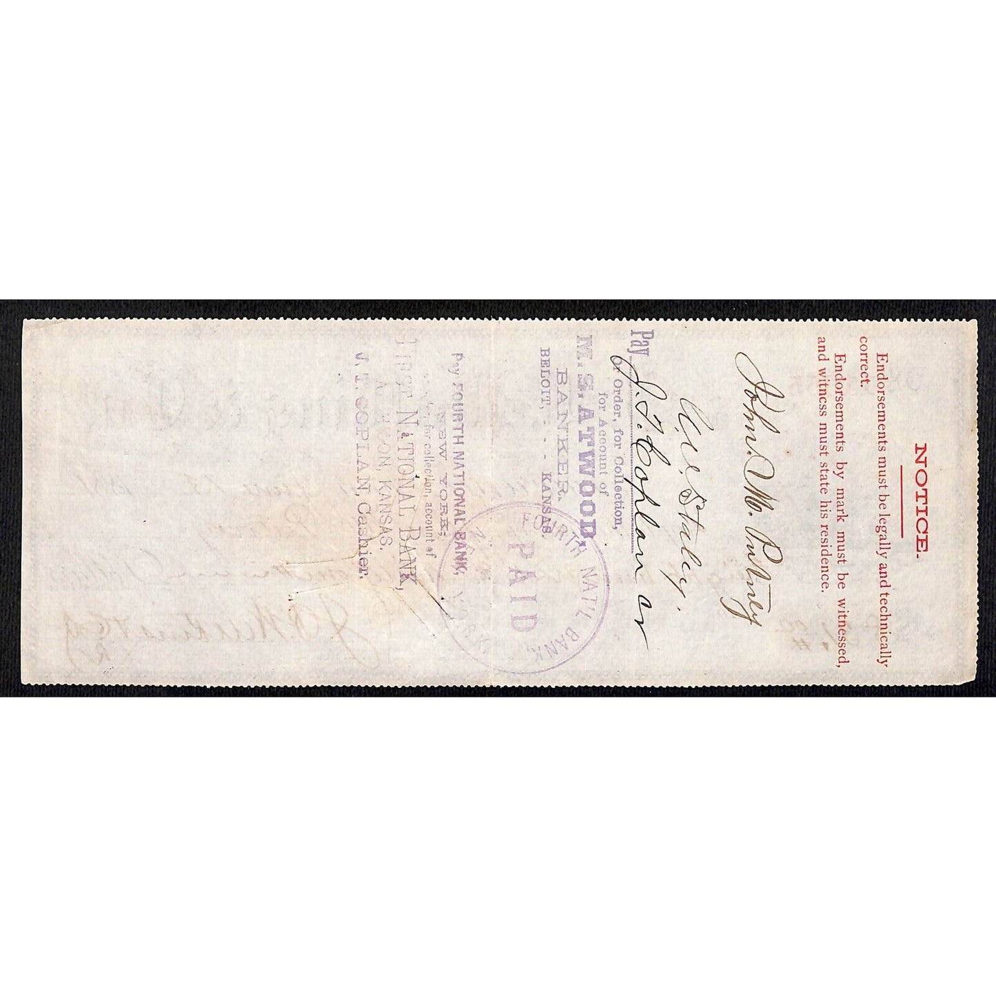 J.B. Wolkins & Co? Lawrence, KS 1881 Bank Check w/ Rev. Stamp & Farming Vignette