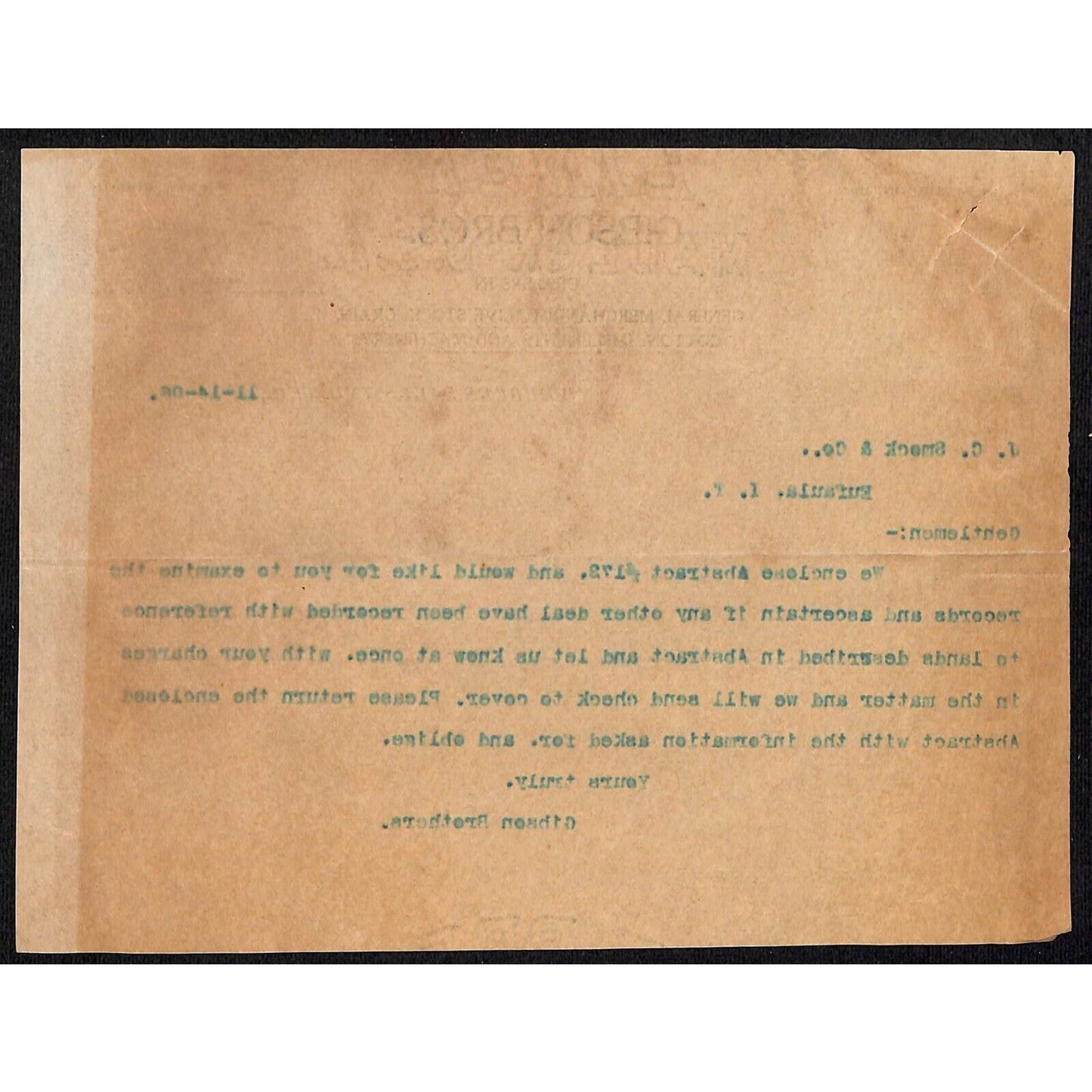 Gibson Bros. Gen Mdse Livestock Webbers Falls Indian Territory 1906 Letterhead