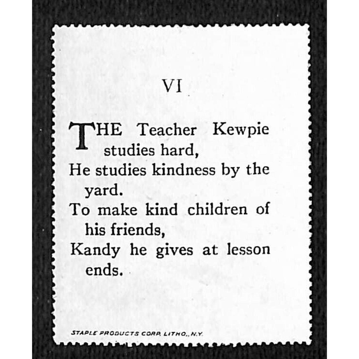 Powell's Kewpie Kandies "The Teacher" Poster / Cinderella Stamp (#4) c1915
