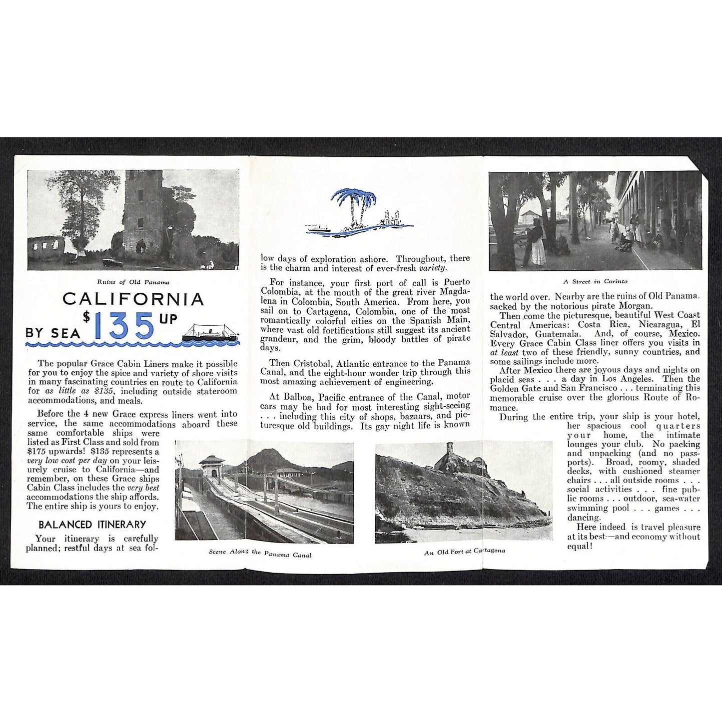 Grace Line Cabin Ships "Cruise to California" c1937 Single Sheet Pamphlet