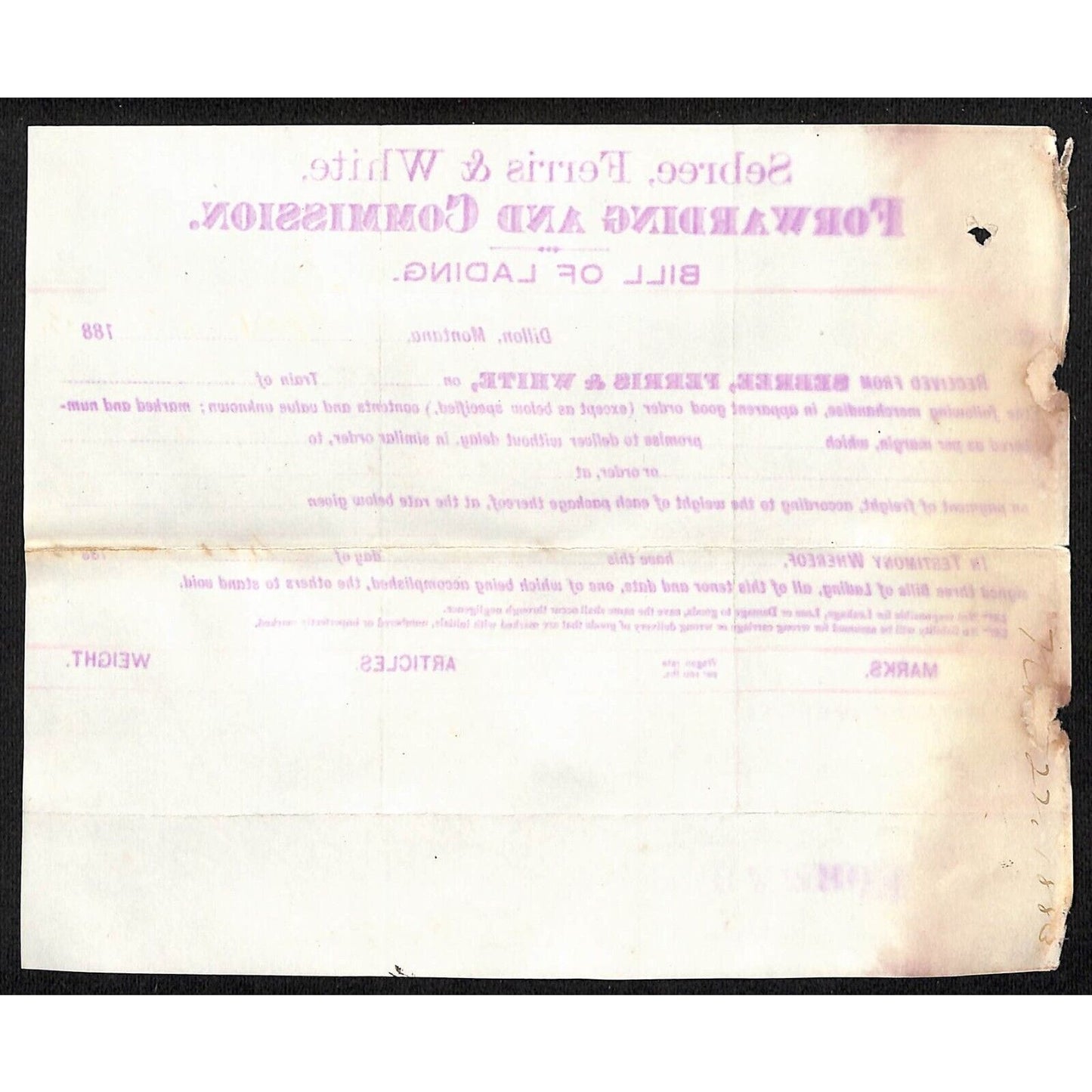 1883 Bill of Lading Sebree, Ferris Knight & Co. 610Lbs. 4 Bdls. Sash