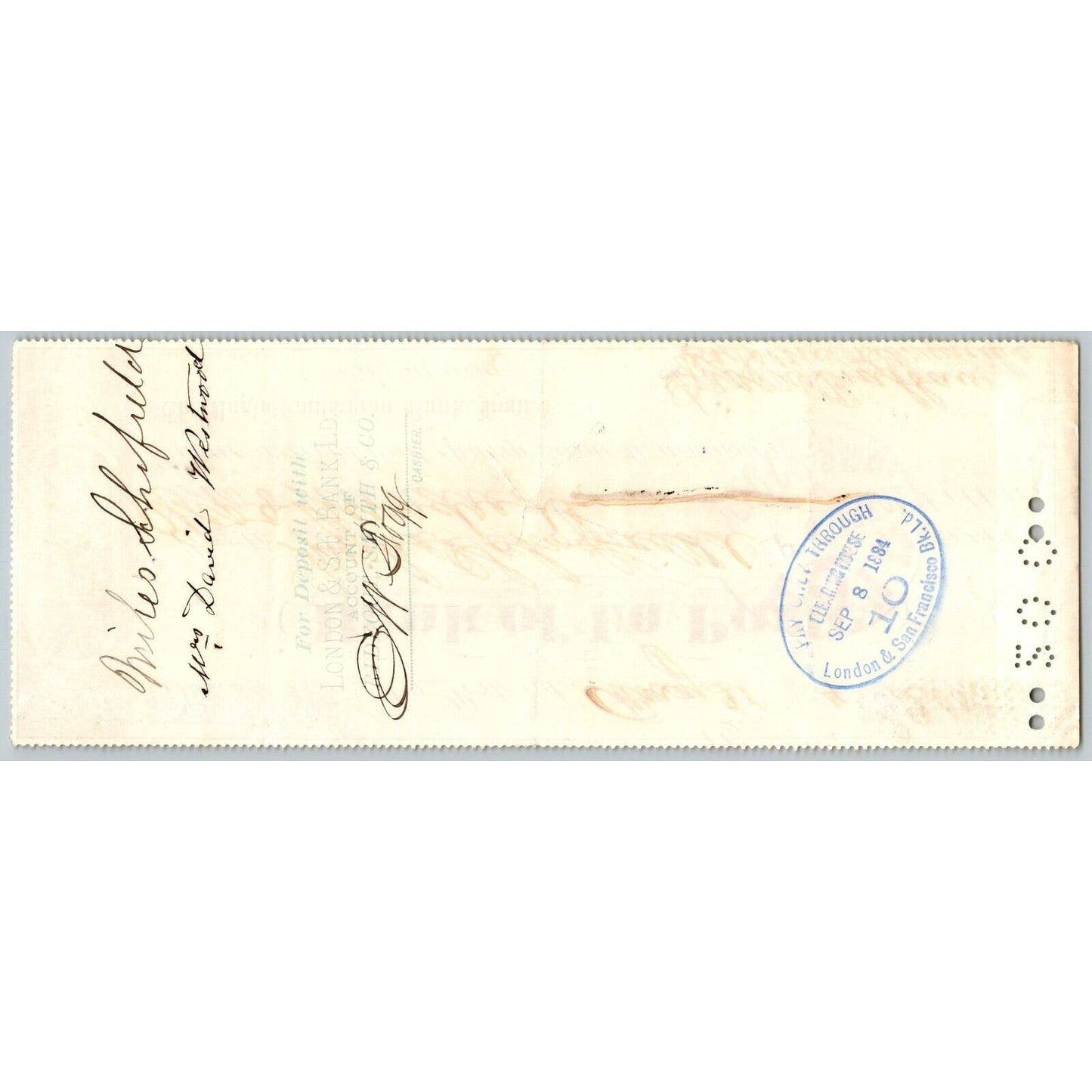 Bank of La Porte Check Miles Schofield 1884 Mining Vignette #12801
