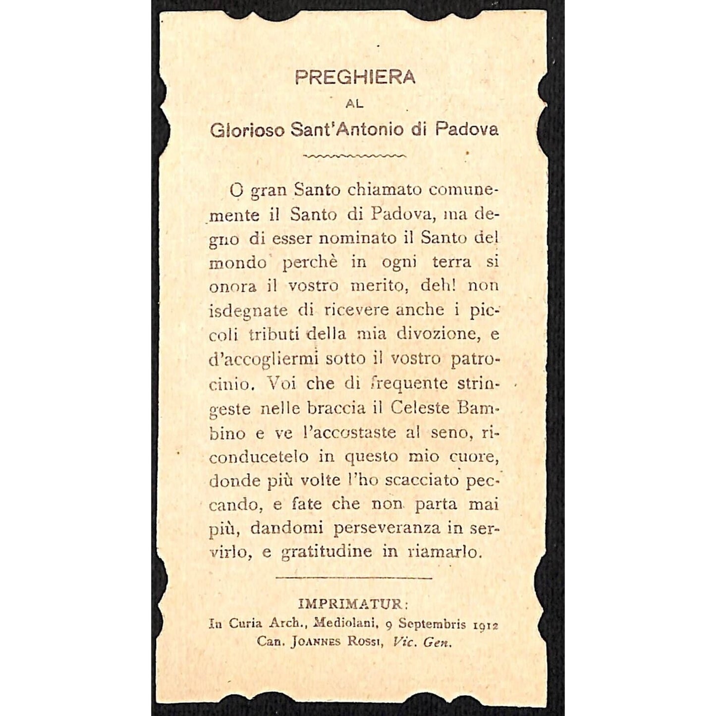 Italian Holy Card "Oh St. Anthony of Padua, Protect Me" Sept Gilt Ink 1912