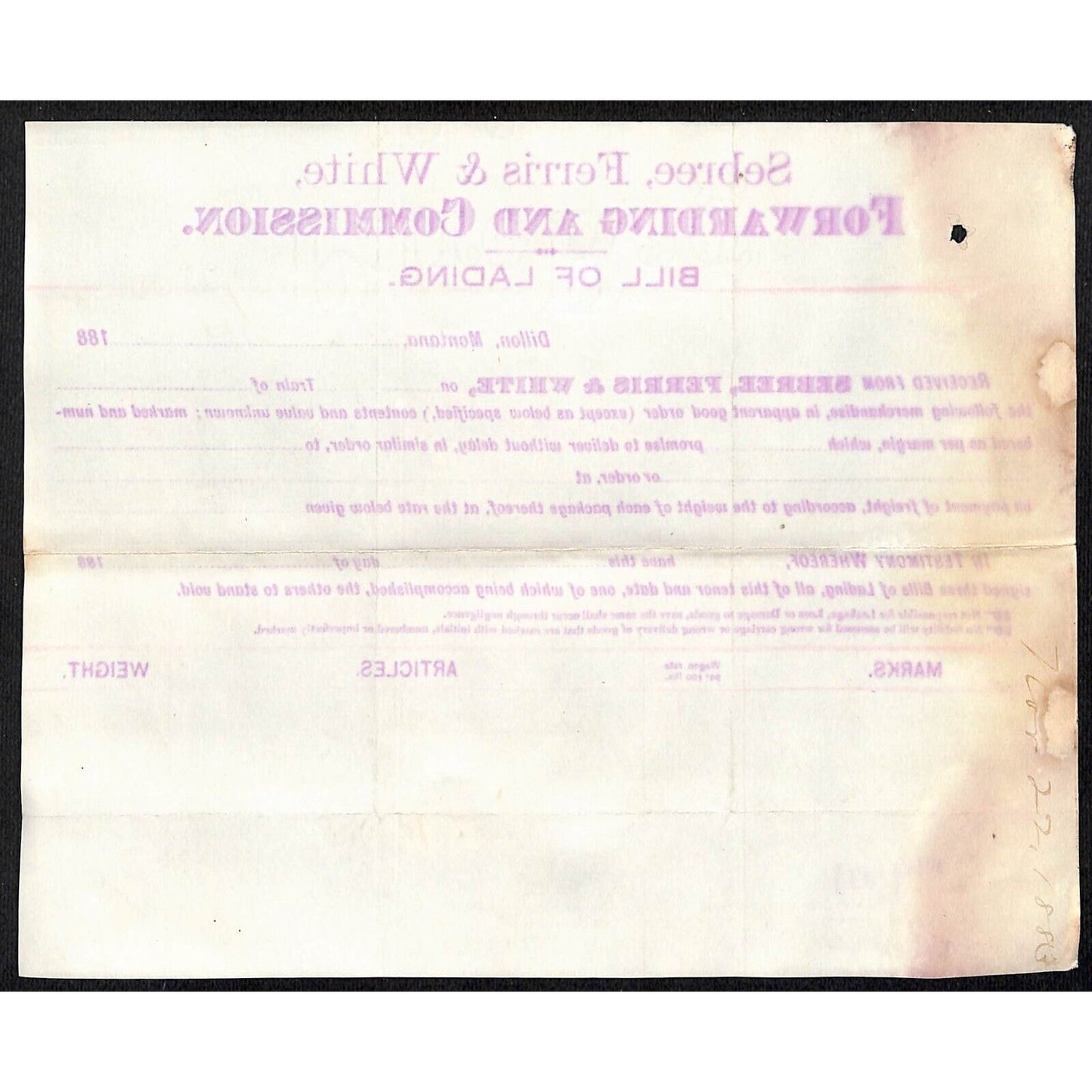 1883 Bill of Lading Sebree, Ferris & White Henry Elling* Sash & Plain Doors