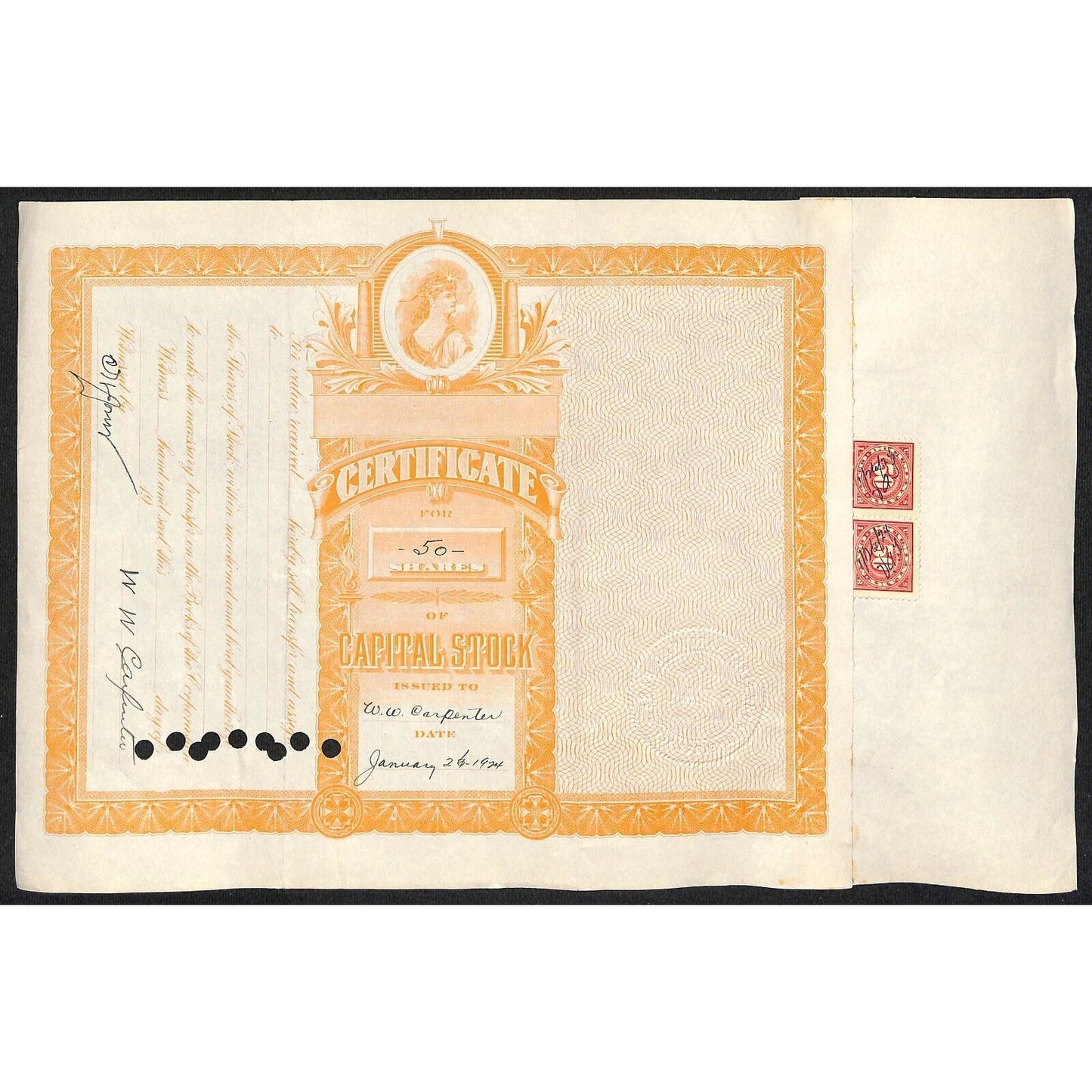 First National Bank of Lovelock, NV 1924 Stock Certificate to W.W. Carpenter *
