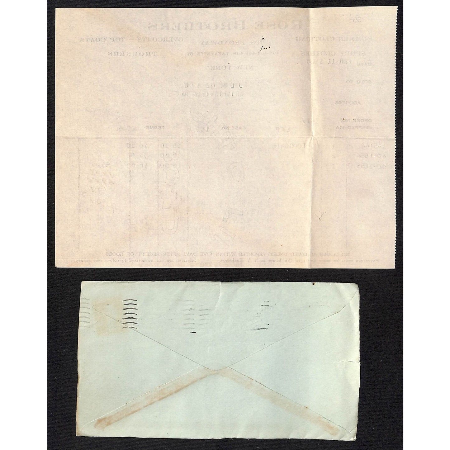 Rose Brothers (Clothes) Broadway NYC 1925 Billhead + Cover (#3)