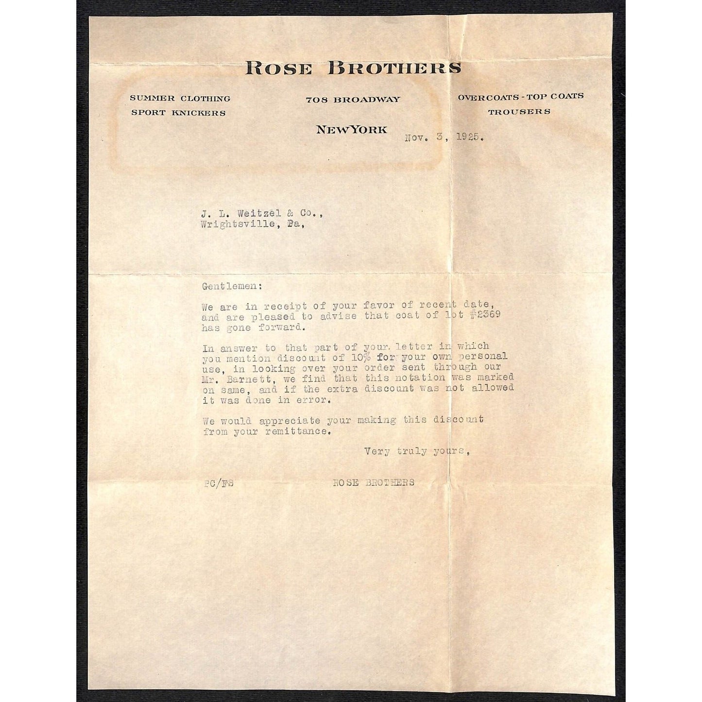 Rose Brothers (Clothes) Broadway NYC 1925 Letterhead Billhead + Cover