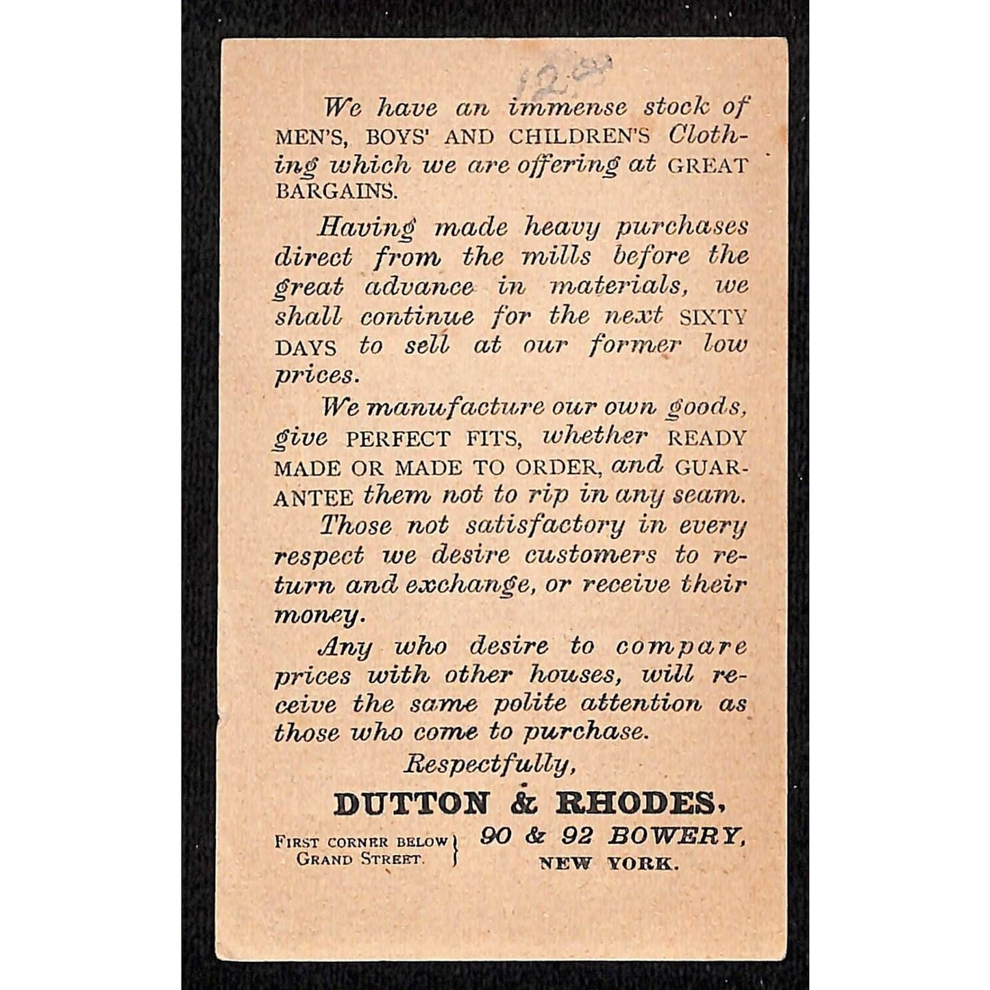 Dutton & Rhodes Clothiers Bowery, New York Victorian Trade Card Boy & Geese