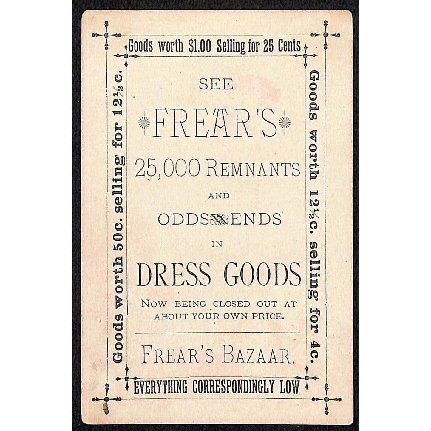 Frear's Bazaar Discount Dress Goods Victorian Trade Card Boy Offers Girl Flower