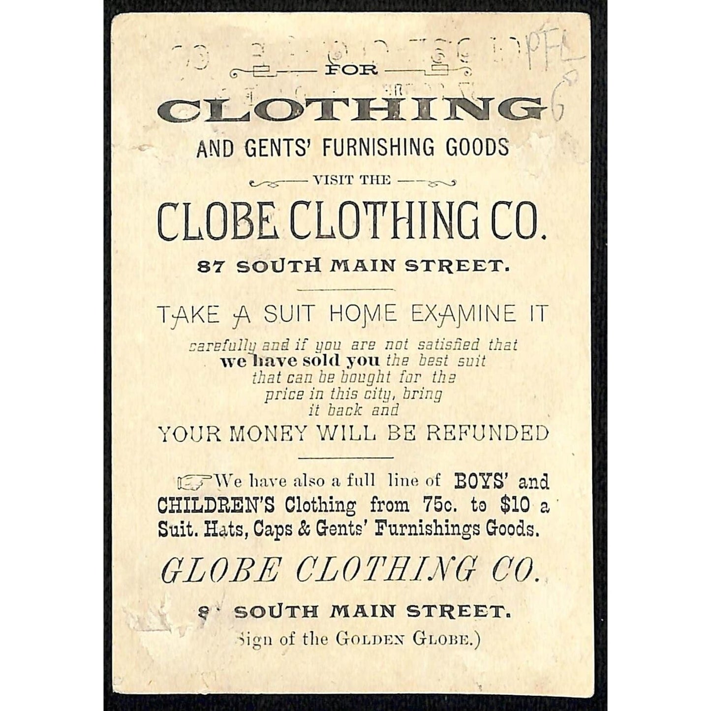 Globe Clothing Co. (Fall River, MA) Victorian Trade Card Girl with Boxer ? Dog