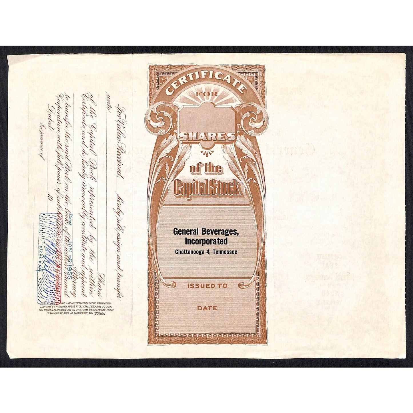 General Beverages, Inc.* Tennessee 1954 Stock Certificate Bache & Co. #27221