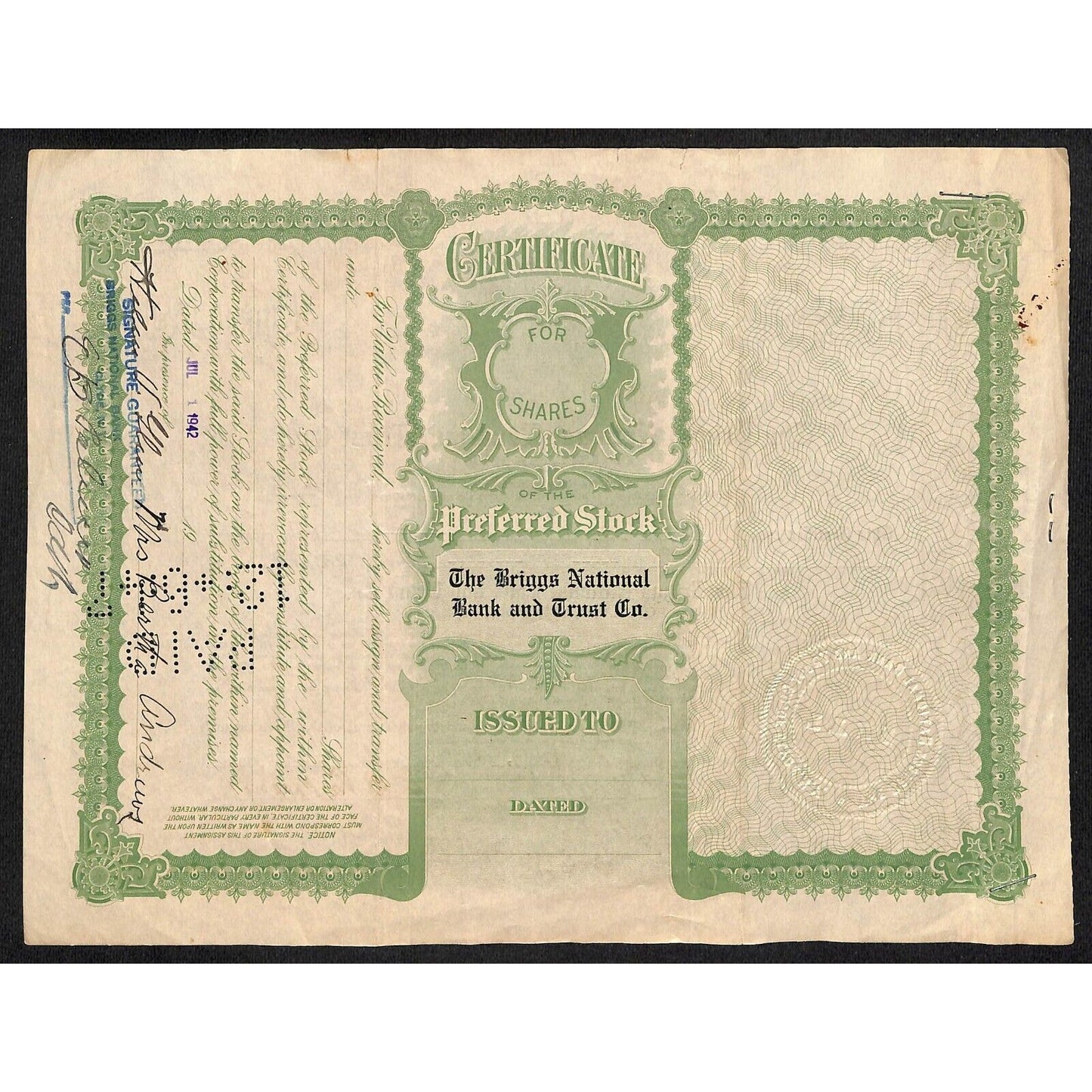 Briggs National Bank Trust Clyde, NY 1933 Stock Certificate to Bertha Andrews