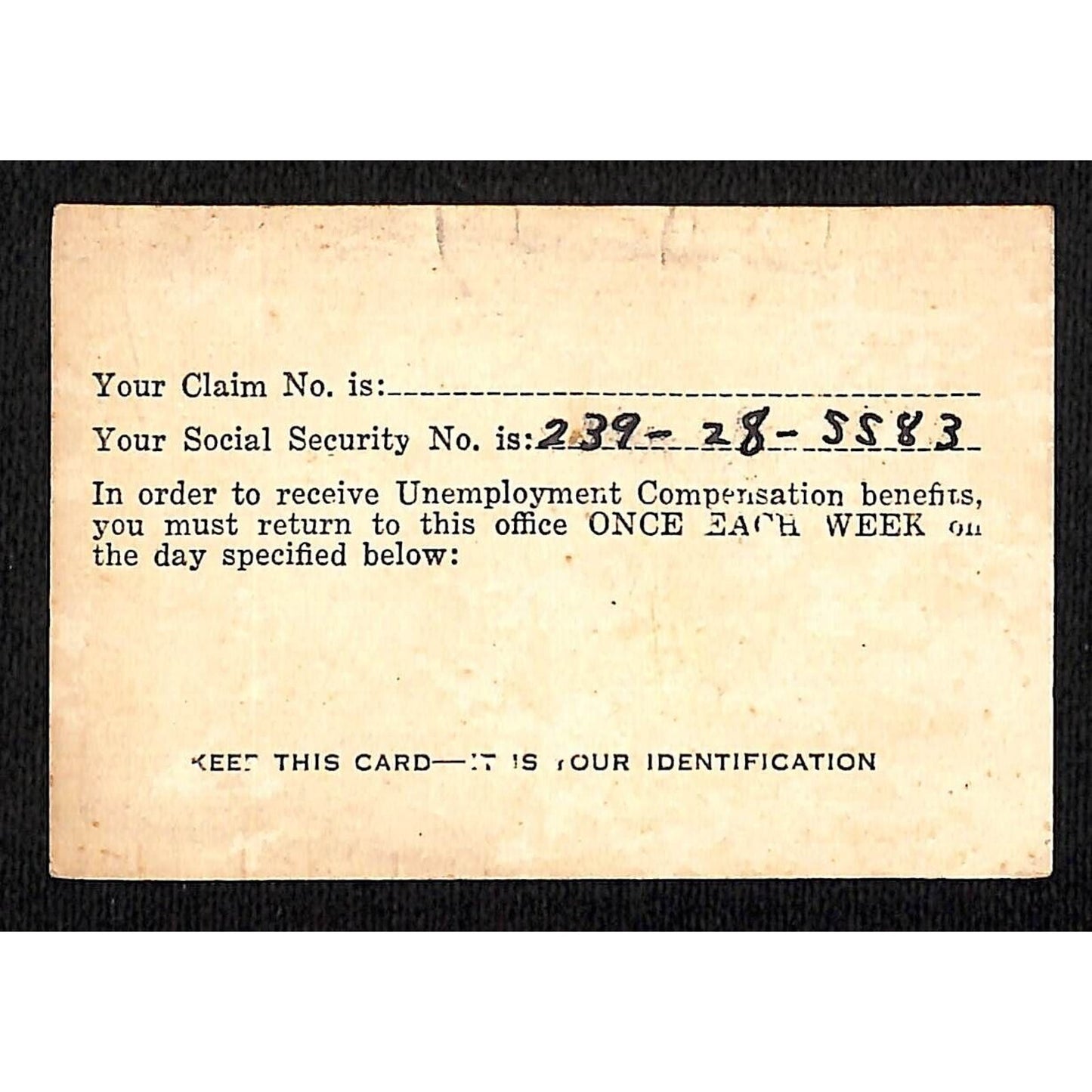 1943 North Carolina State Employment Service Applicant's ID Card