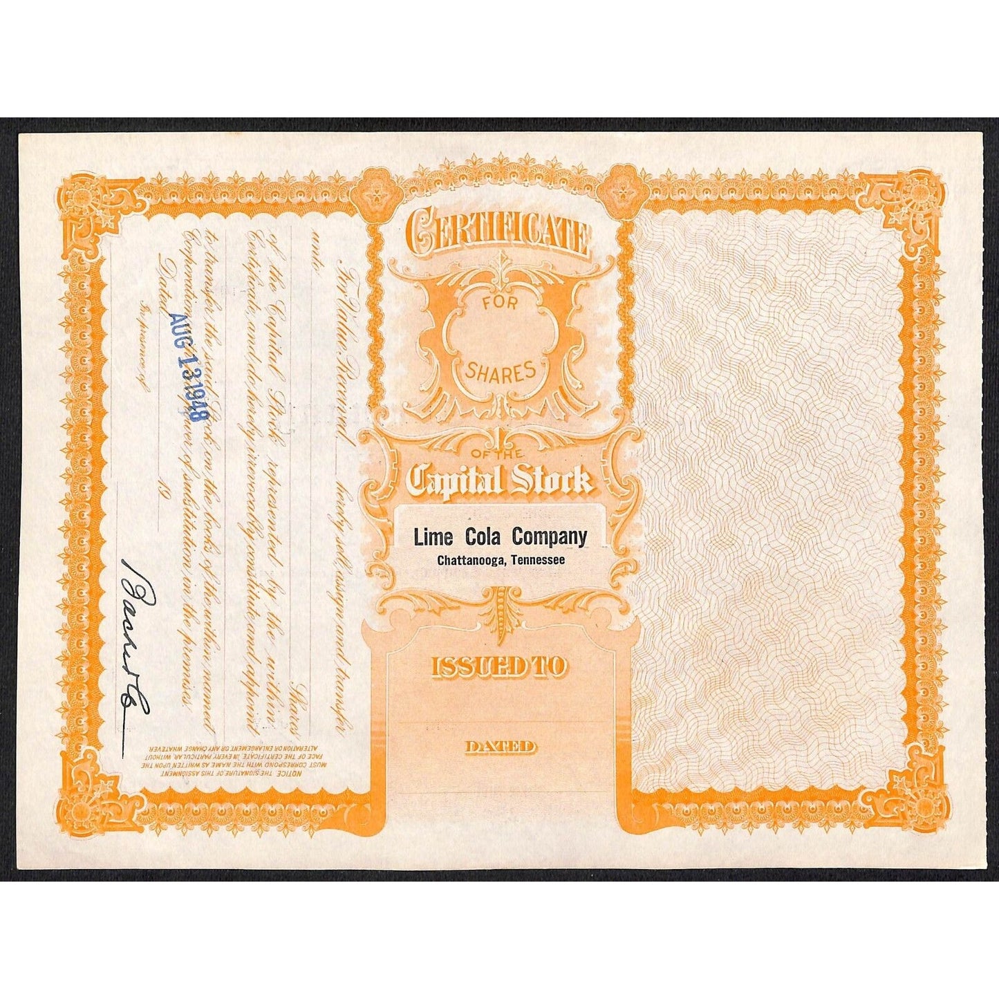 Lime Cola Company (Later, General Beverages, Inc.)* 1948 Stock Certificate #460