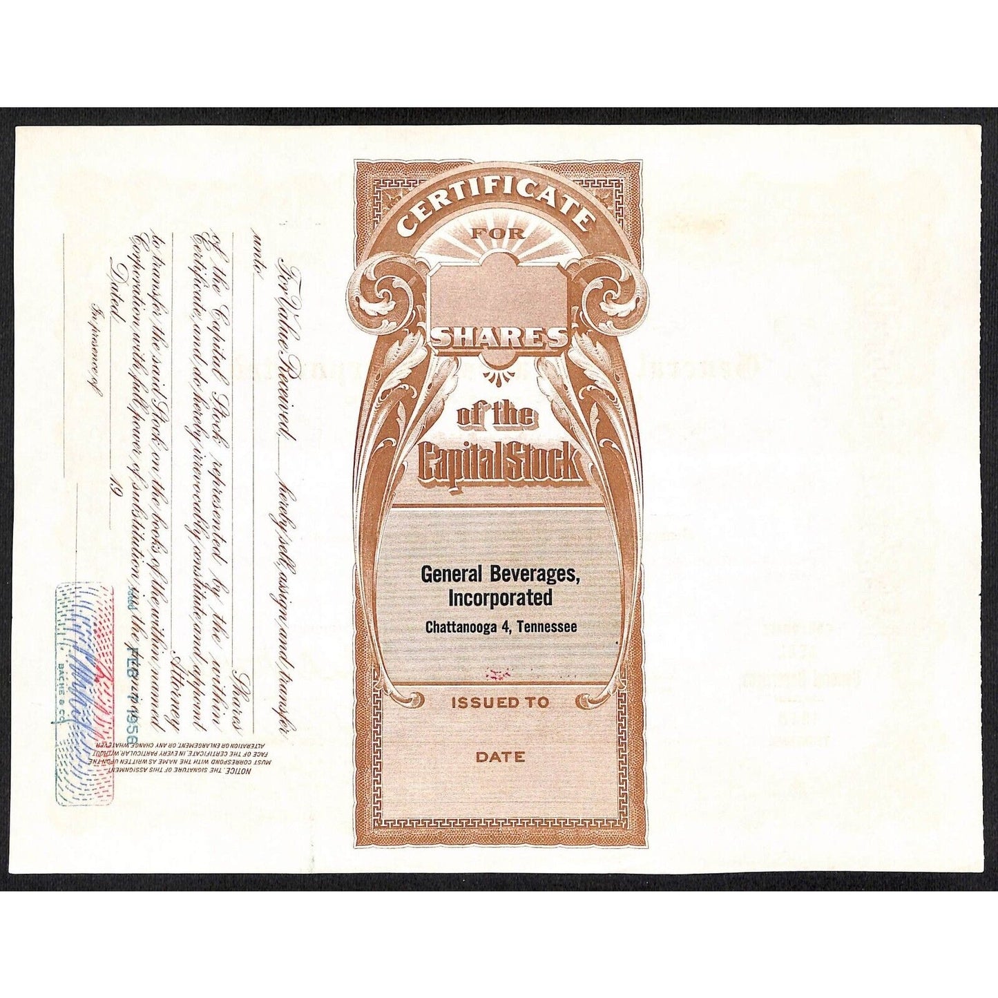 General Beverages, Inc.* Tennessee 1956 Stock Certificate Bache & Co #33053
