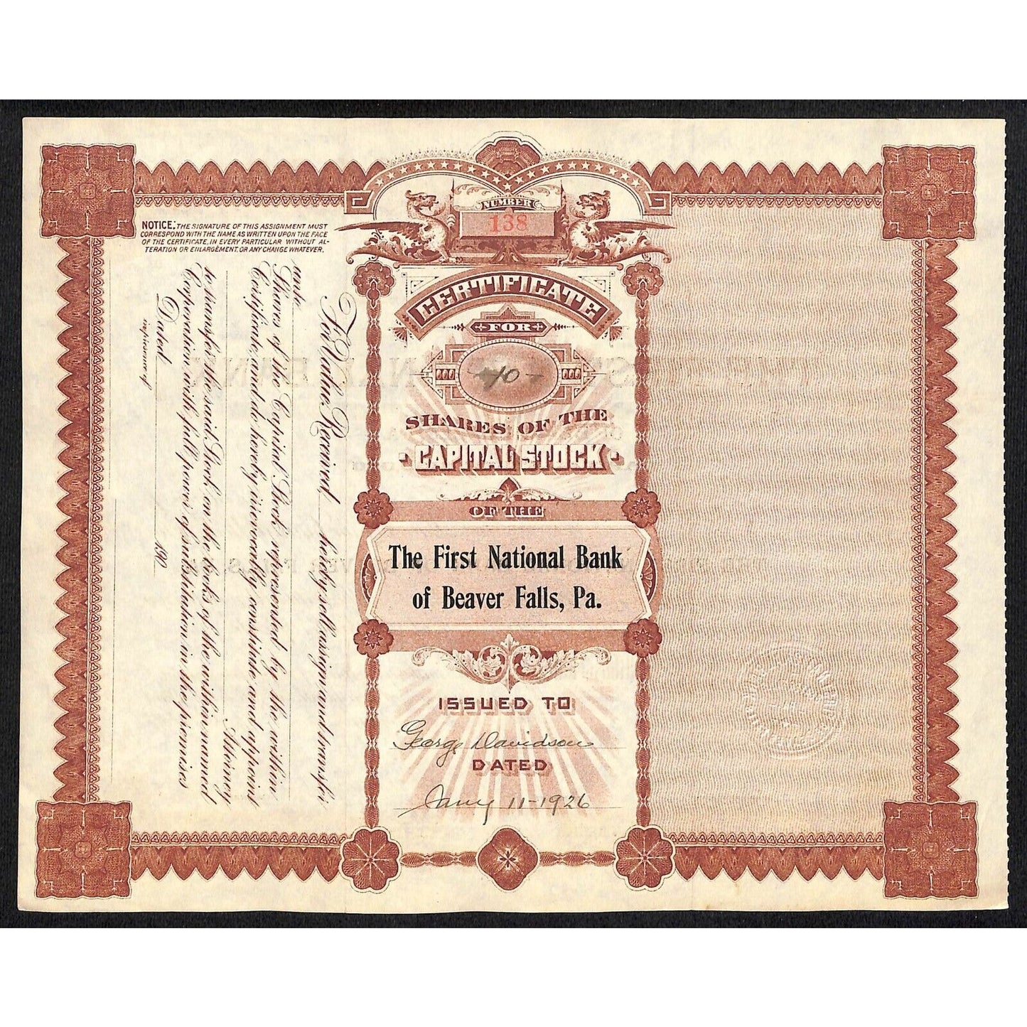 First National Bank of Beaver Falls PA 1906 Stock Certificate George Davidson