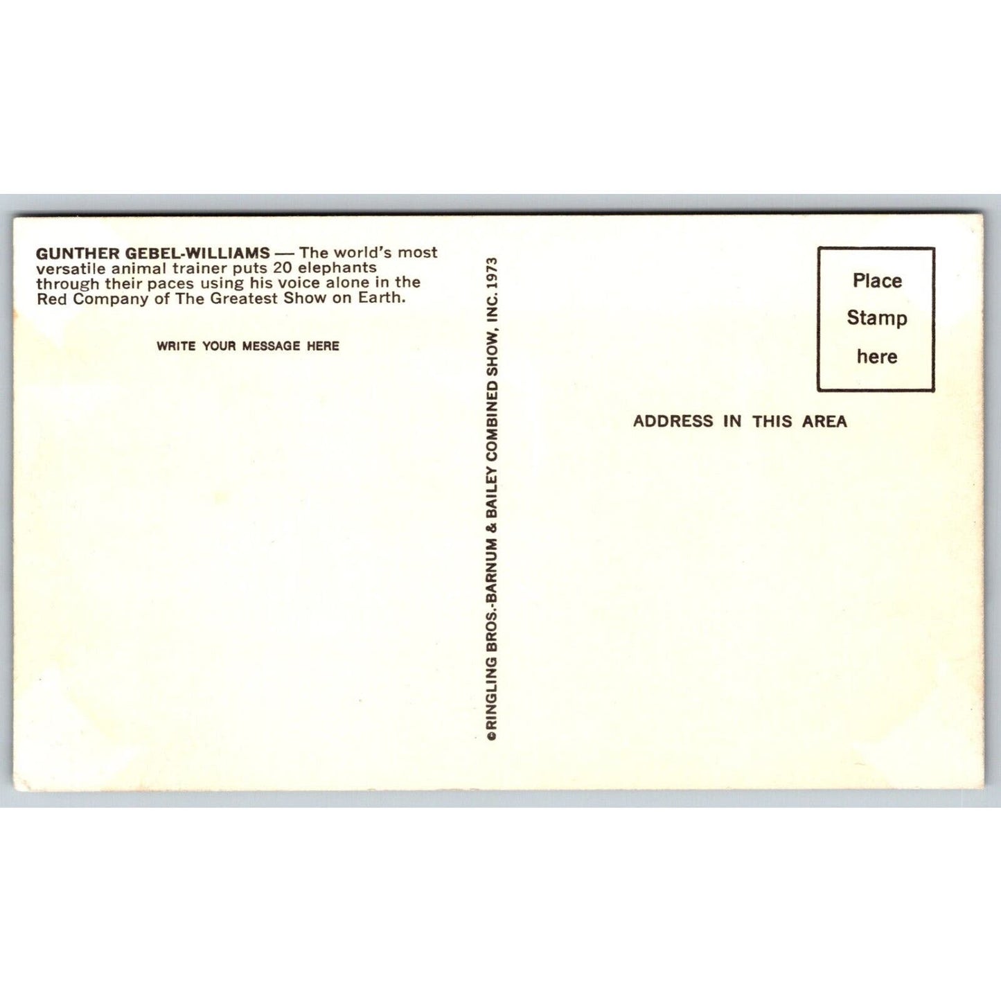 Ringling Bros. Gunther Gebel-Williams Elephants Postcard VGC NP c1973