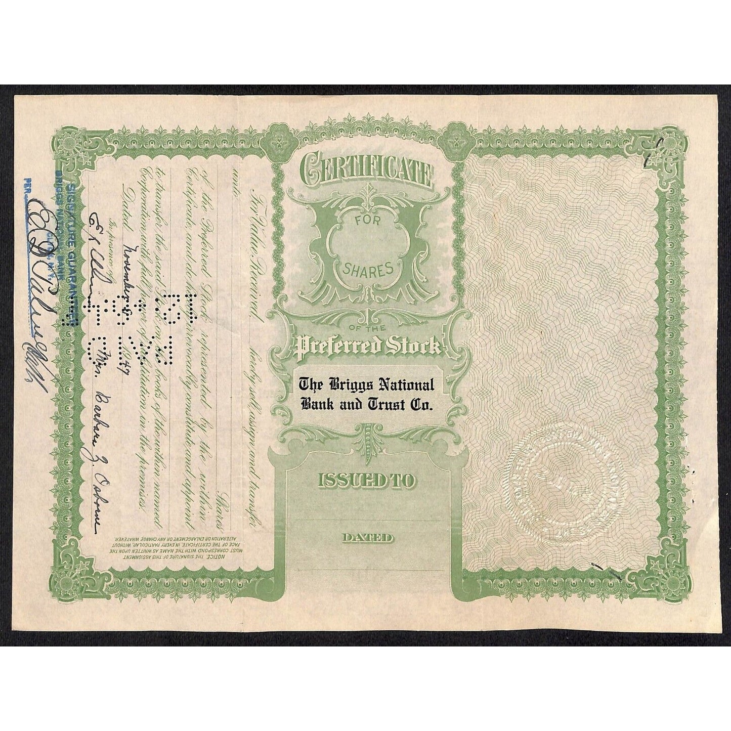 Briggs National Bank and Trust Clyde NY 1939 Stock Certificate Barbara Z Osborne