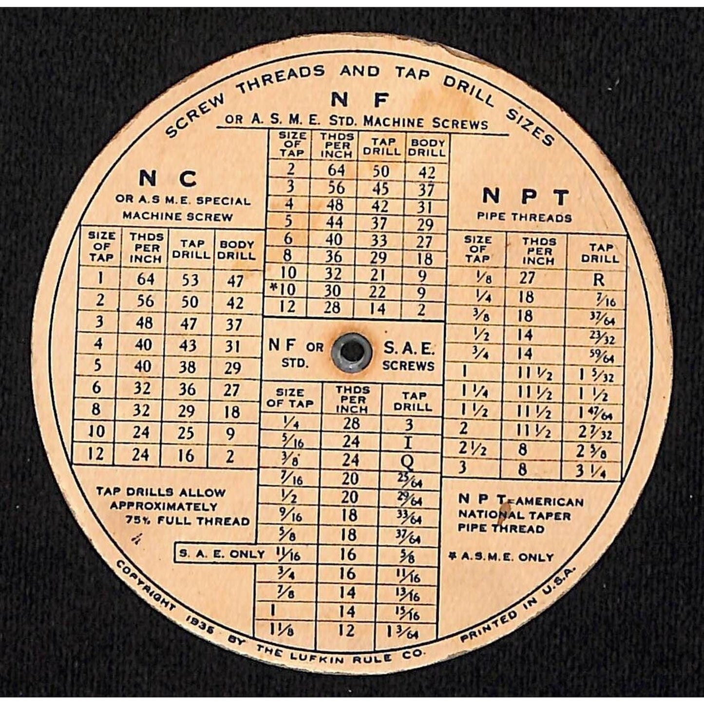 Lufkin Rule Co. Saginaw, MI Lufkin Tools Tap Thread Drill Size Guide c1935-40's