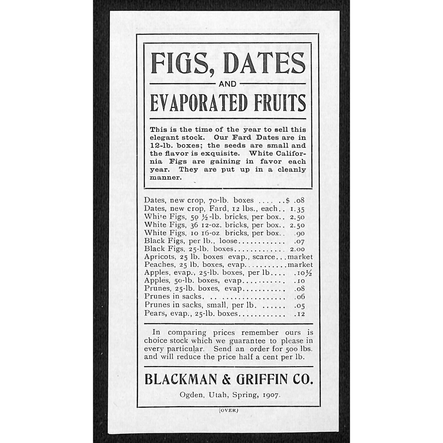 Ogden, UT Blackman & Griffin Co. Prepared Mustards Figs Dates 1907 Insert VGC