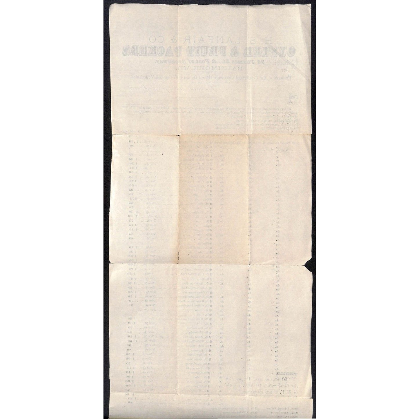 H.S. Lanfair & Co Baltimore Oyster & Fruit Packers 1893 Whsle Price Sheet Scarce