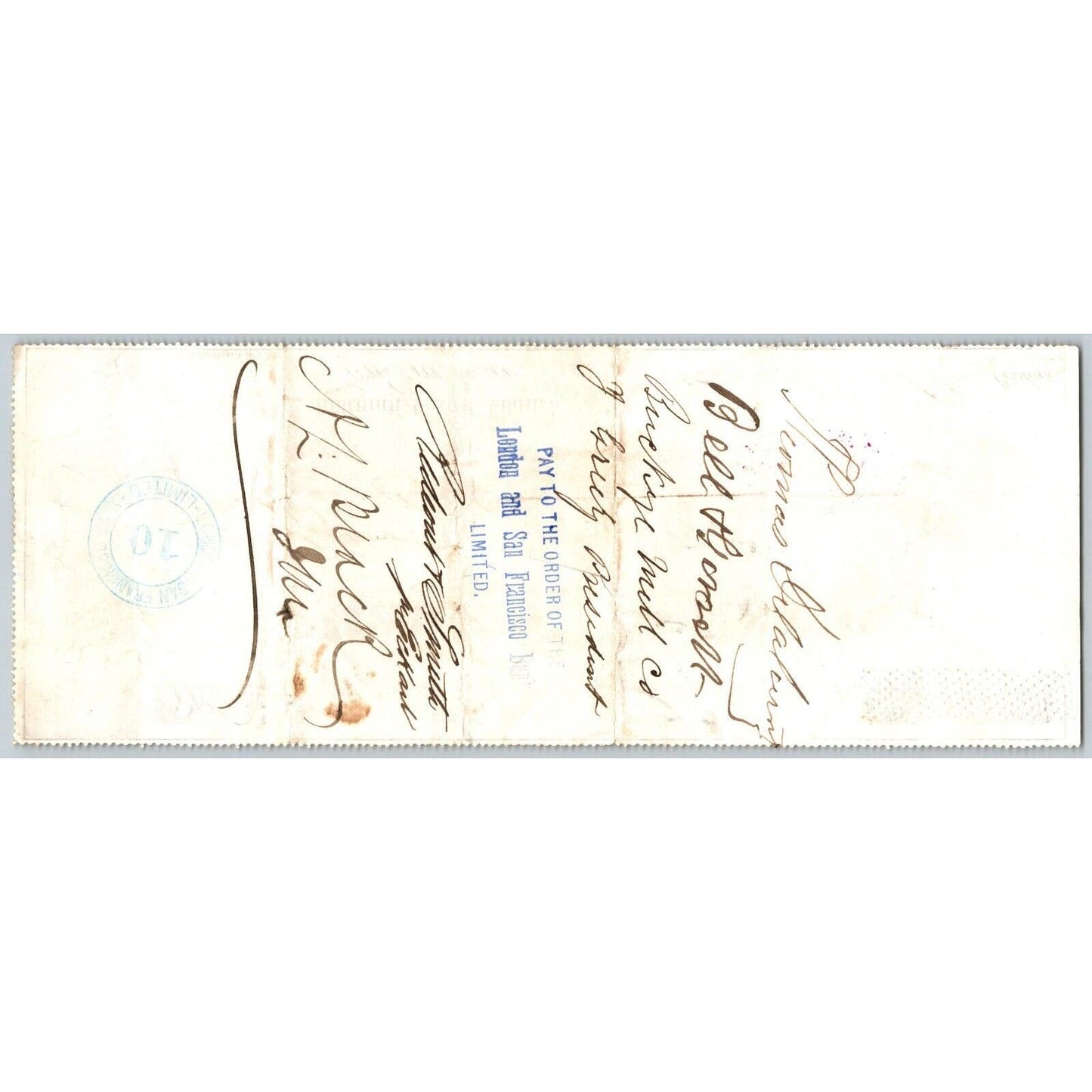 Bank of La Porte Check Thomas Delahannity ? 1878 Mining Vignette RN-G1 Rev Stamp