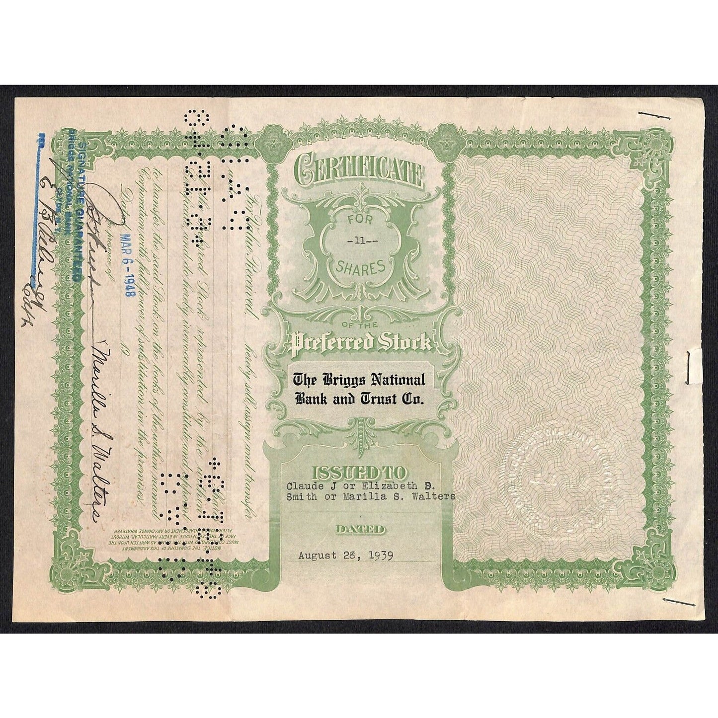 Briggs National Bank and Trust Clyde NY 1939 Stock Certificate Elizabeth D Smith