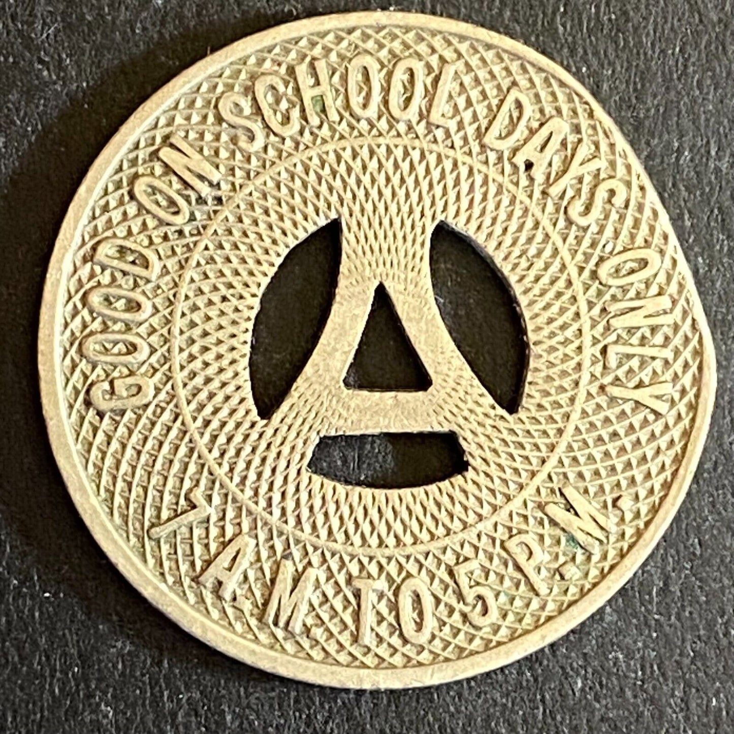 Albuquerque Bus Co. "Good on School Days Only" Token 23mm Hanging "A" (#3)