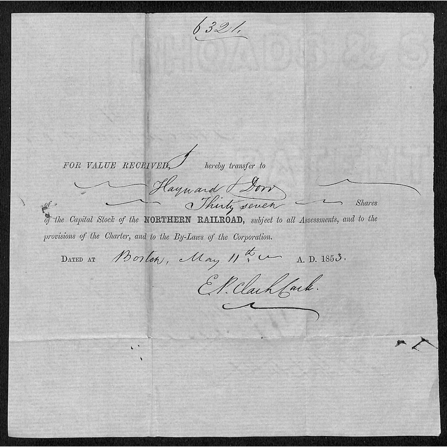 Northern Railroad 1853 Stock Certificate on Colored Laid Paper