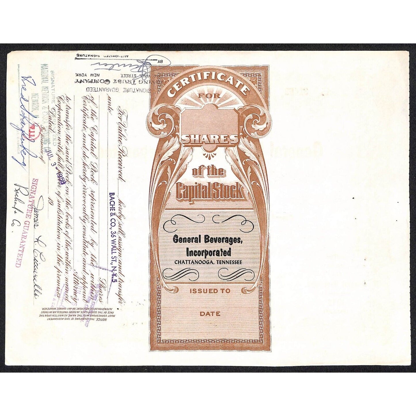 General Beverages, Inc.* Tennessee 1955 Stock Certificate to James L. Ciccarello