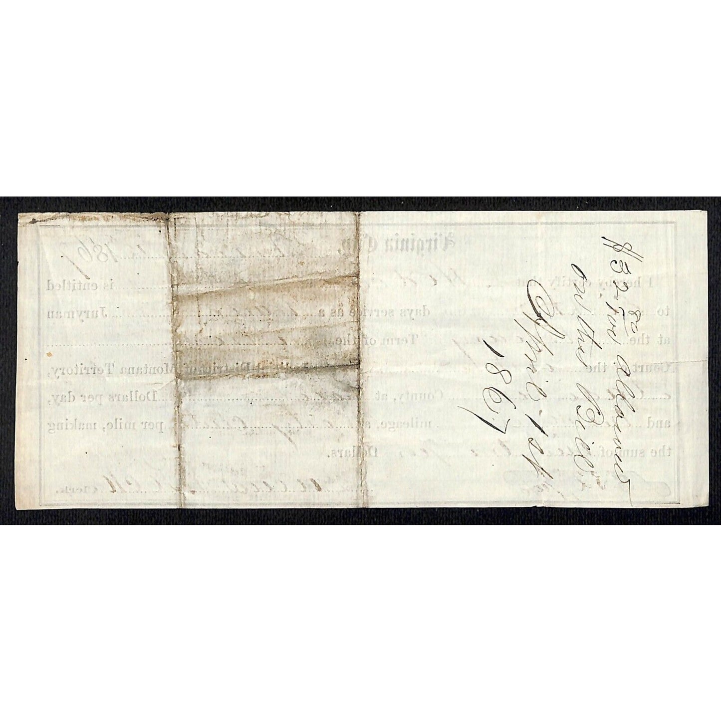 1867 Virginia City, MT Jury Duty Days Service & Mileage Warrant $32.80 Scarce