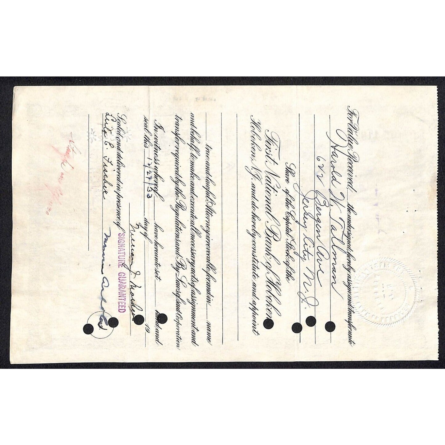 First National Bank of Hoboken NJ 1924 Stock Certificate William Mathews