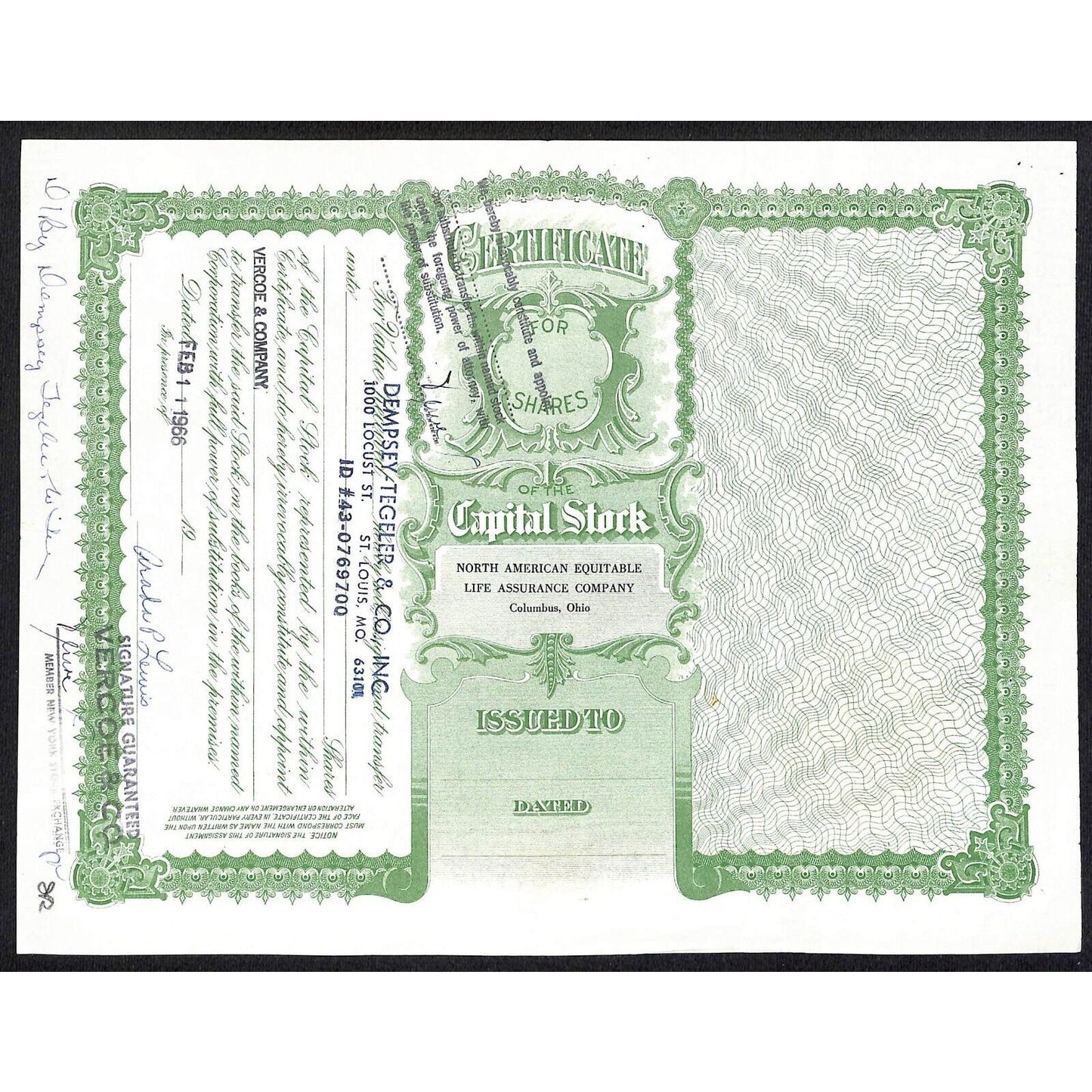 North American Equitable Life Insurance 1964 Stock Certificate to Arada P. Lewis