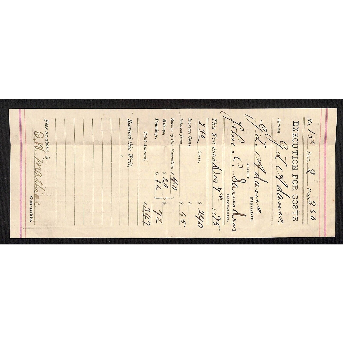 State of Ohio Goshen Township "Execution for Costs" Judgement / Warrant ? 1895