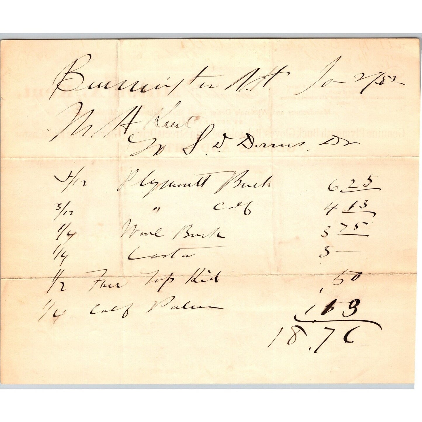 Milton A. Kent Gloves and Mittens Arch St. Boston 1883 Billhead