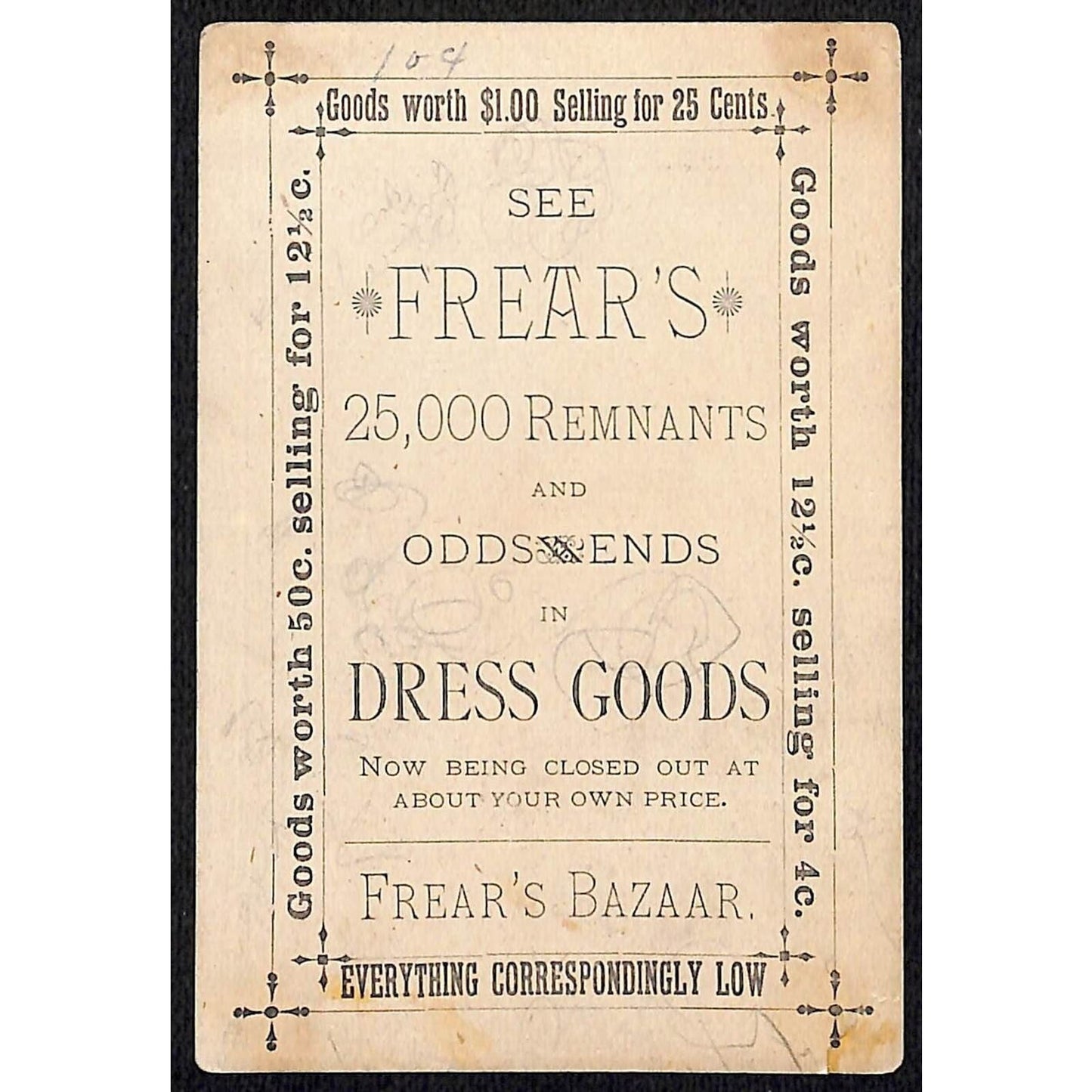 Frear's Bazaar Discount Dress Goods Victorian Trade Card Girl Waters Flowers