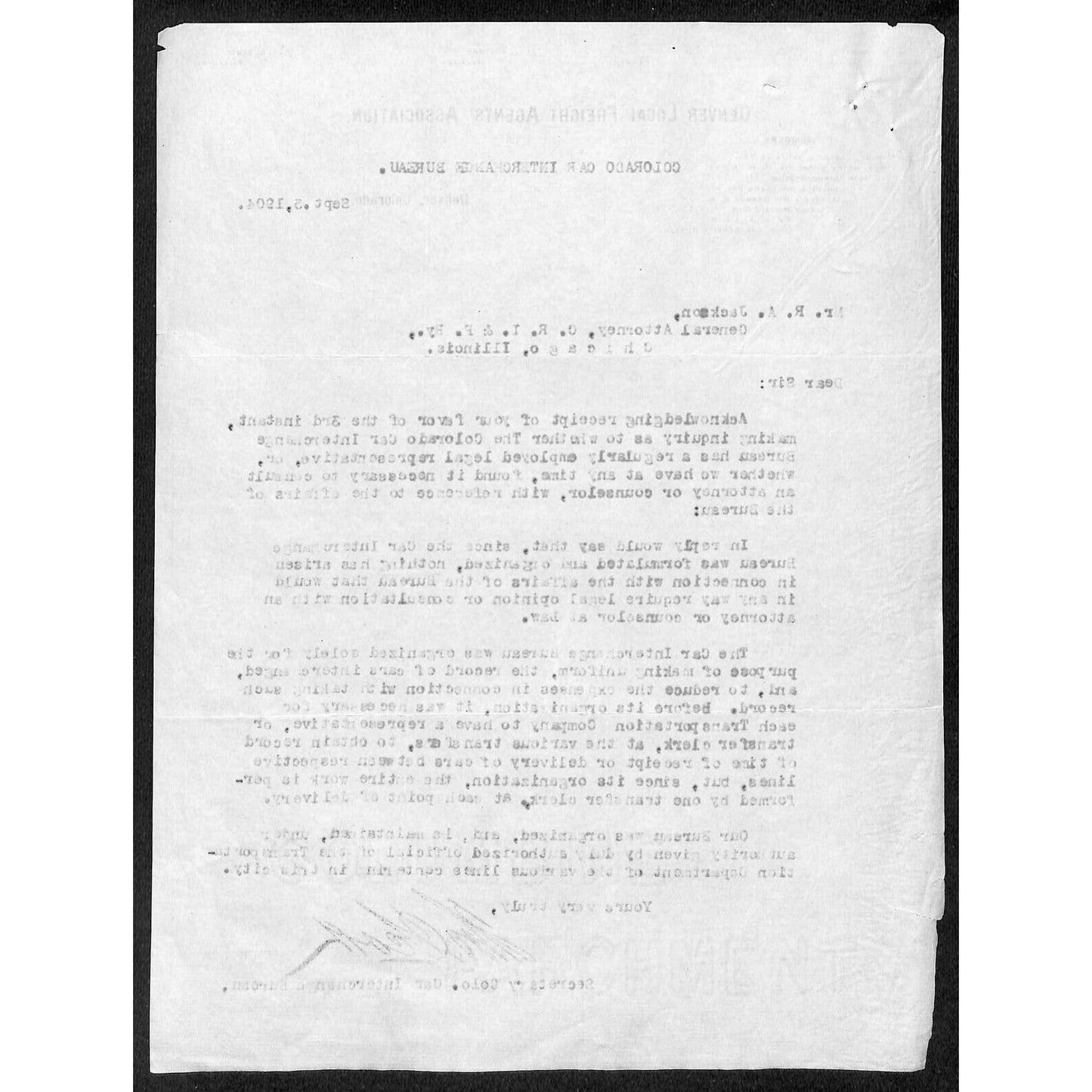 Denver Local Freight Association 1904 Letterhead to CRI&P General Attorney