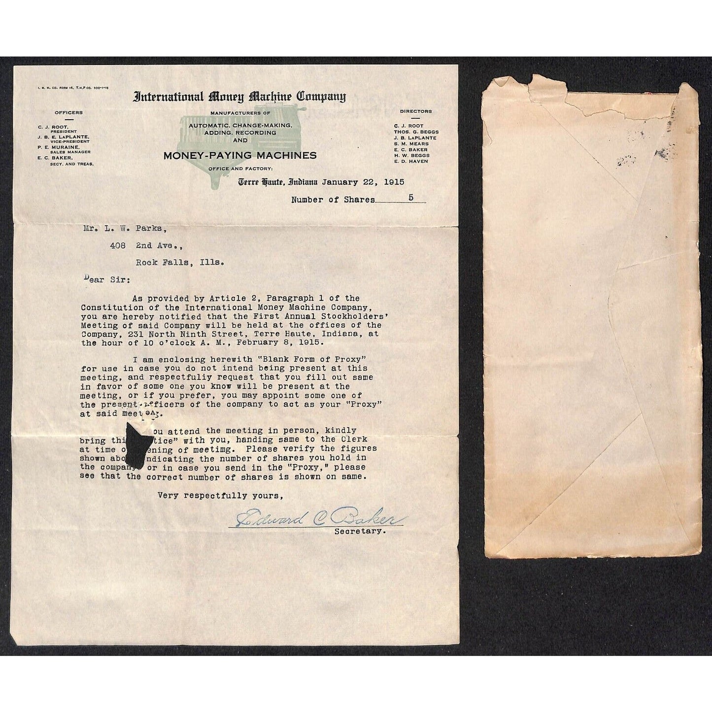 International Money Machine Co. Terre Haute, IN 1915 Letterhead & Cover