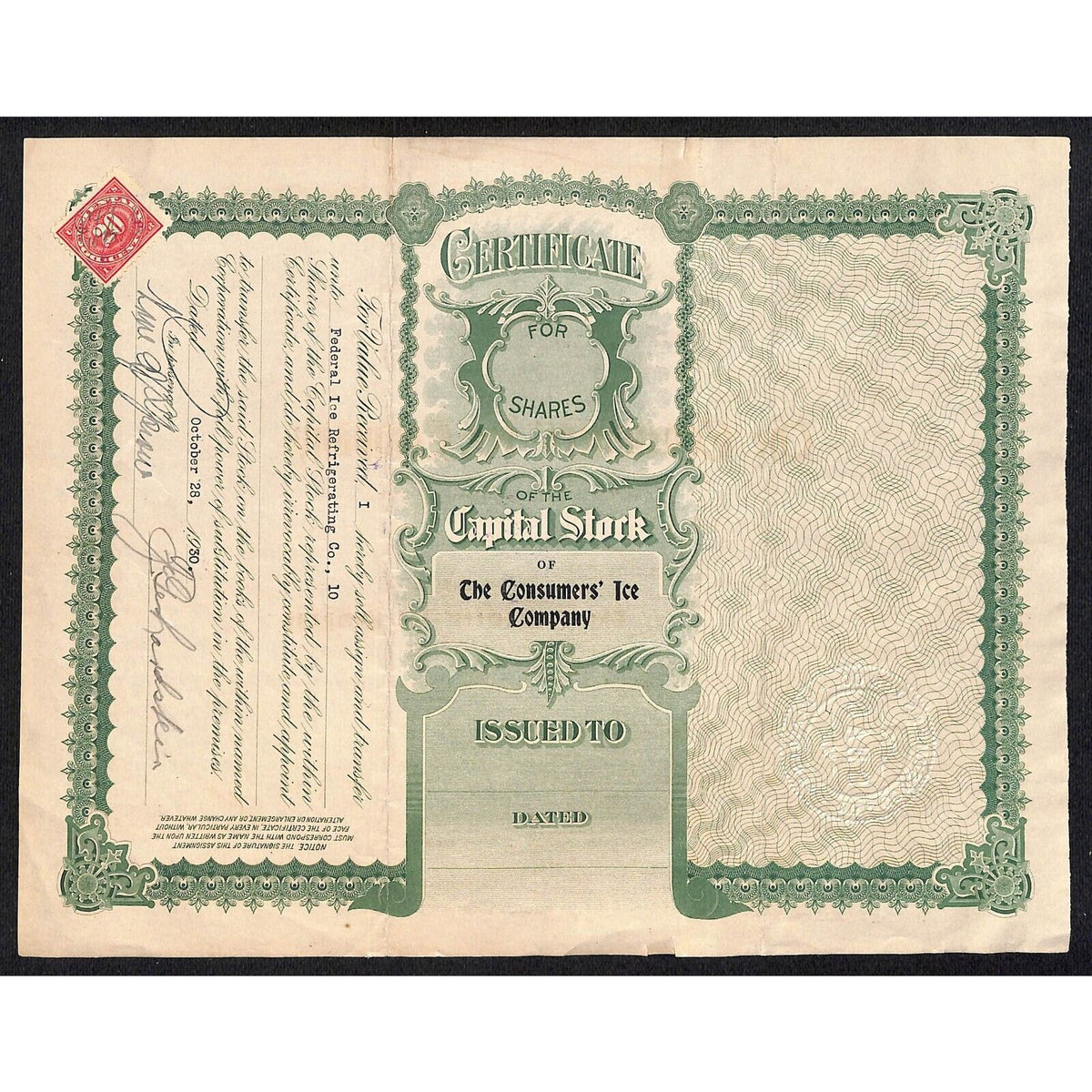 The Consumers' Ice Company Sandusky, OH 1920 Stock Certificate #34 Scarce