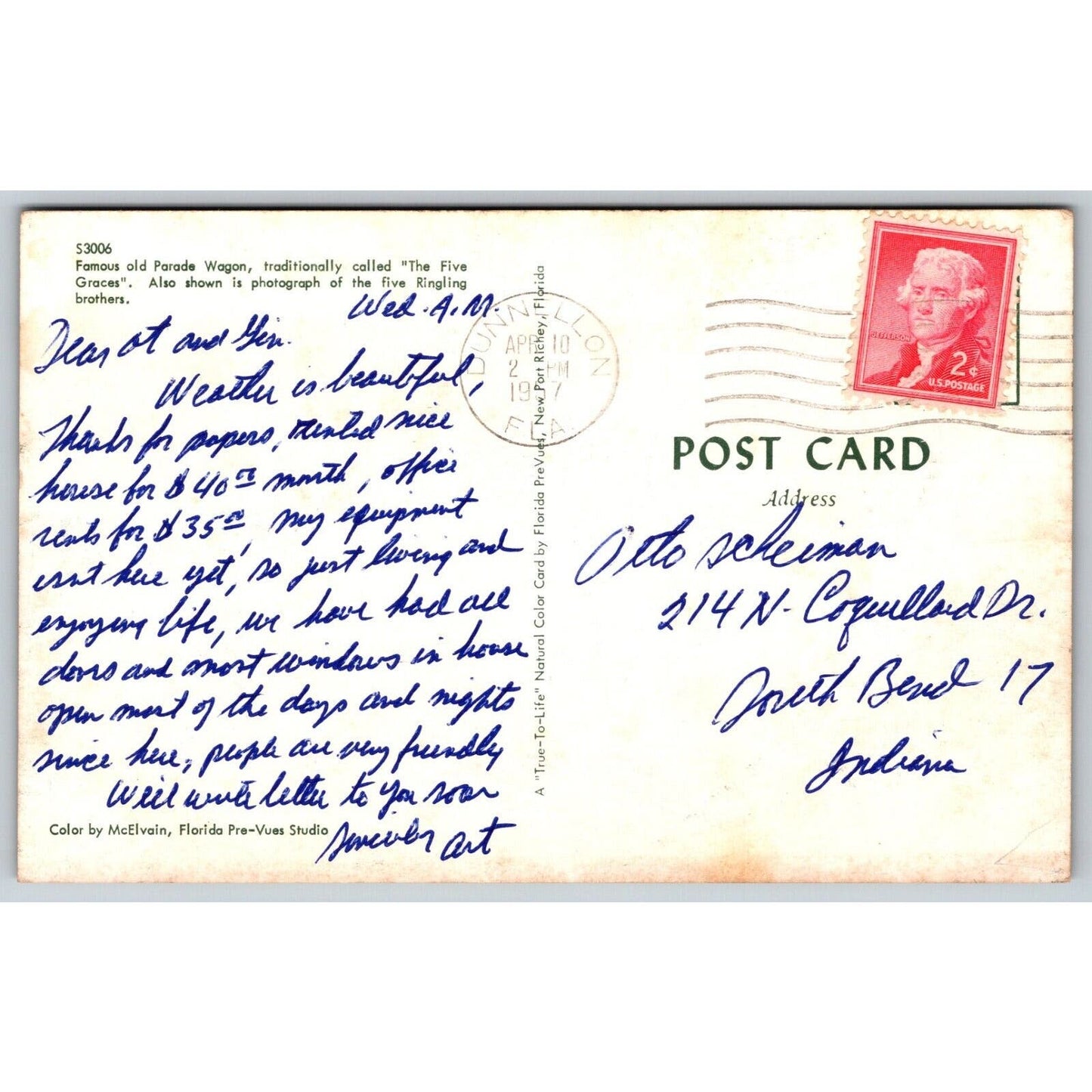 Ringling Museum Circus The Five Graces Wagon Sarasota Postcard VGC PM 1957