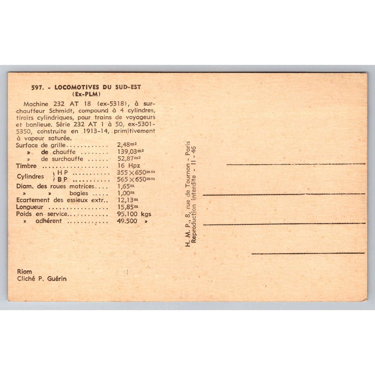 French Railroad RPPC* Postcard Machine 232 AT 18 Series 232 AT 1-50 c1914 H.M.P.