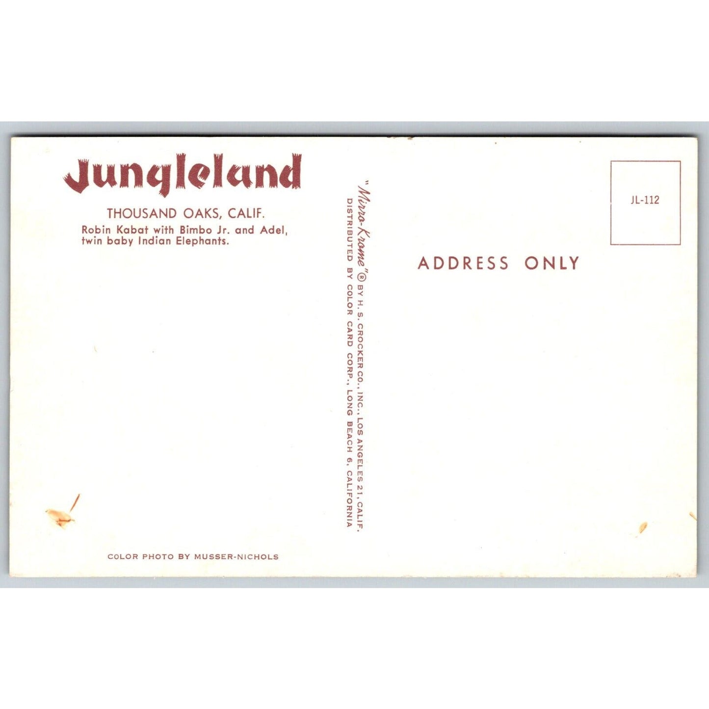 Jungleland Thousand Oaks, CA Robin Kabat Bimbo Jr. Adel Elephants Postcard NP