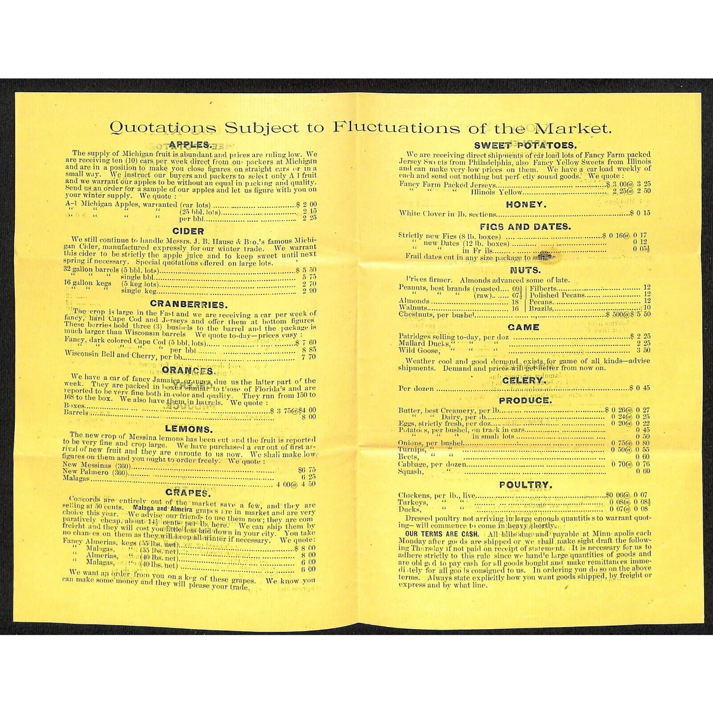 Drischel & Smith Fruits Produce Minneapolis c1886 Price Sheet VGC Scarce