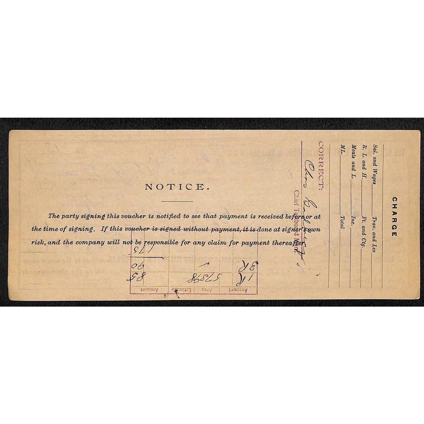 Colorado & Eastern Telephone & Telegraph Co 1910 Receipt -Horse Feed & Board