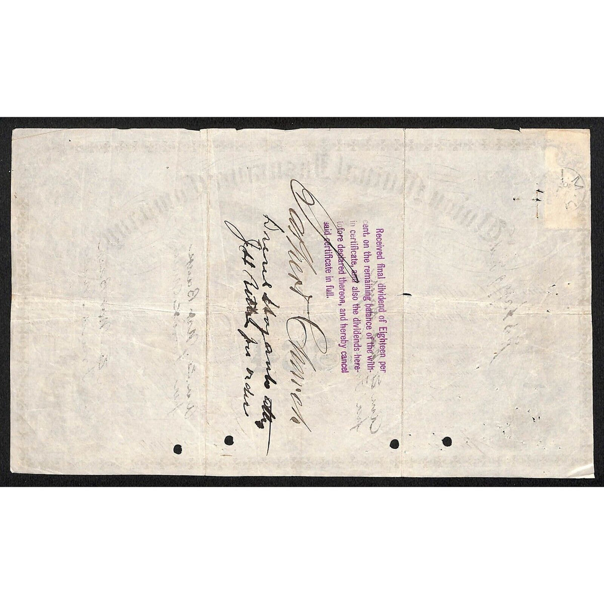 Union Mutual Insurance Co. NY 1864 Stock Certificate Sather & Church Tax Stamp