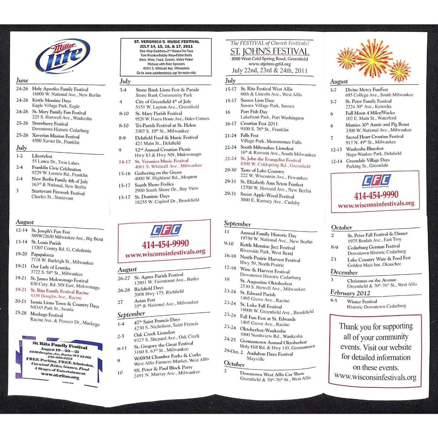 2011 CFC Wisconsin Neighborhood Festival Calendar Schedule VGC NOS