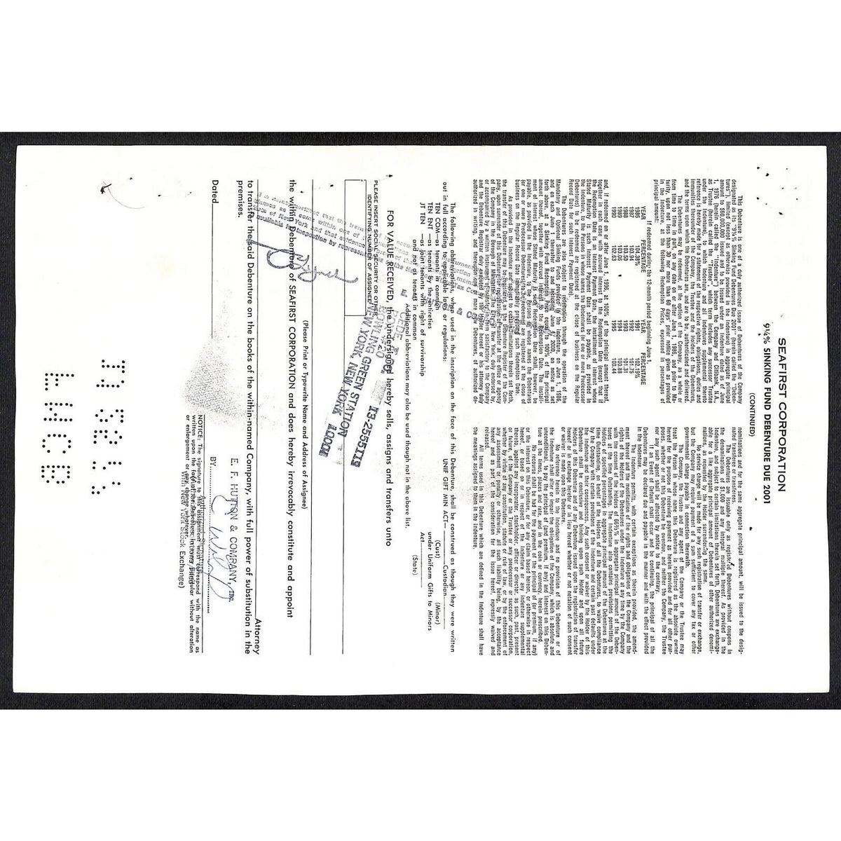 Seafirst Corp. Wisconsin 1977 Debenture Certificate City Skyline E.F. Hutton